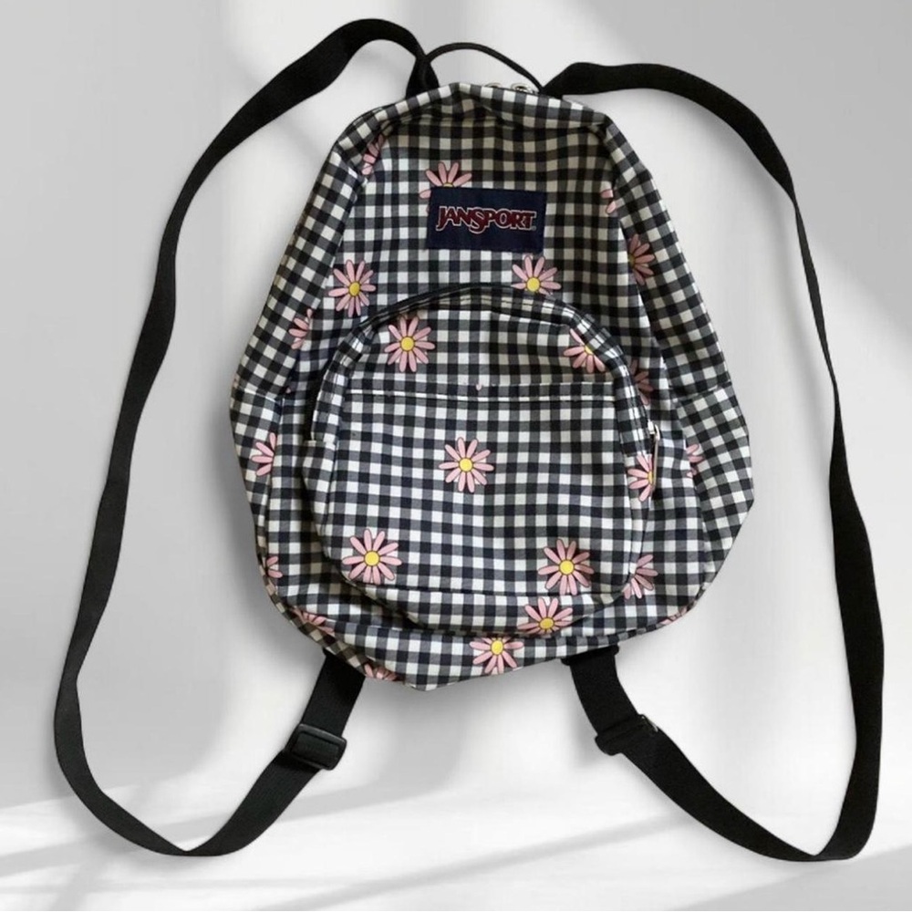 Jansport Black and White Checkered Backpack with Pink Floral Accents - Picture 1 of 5